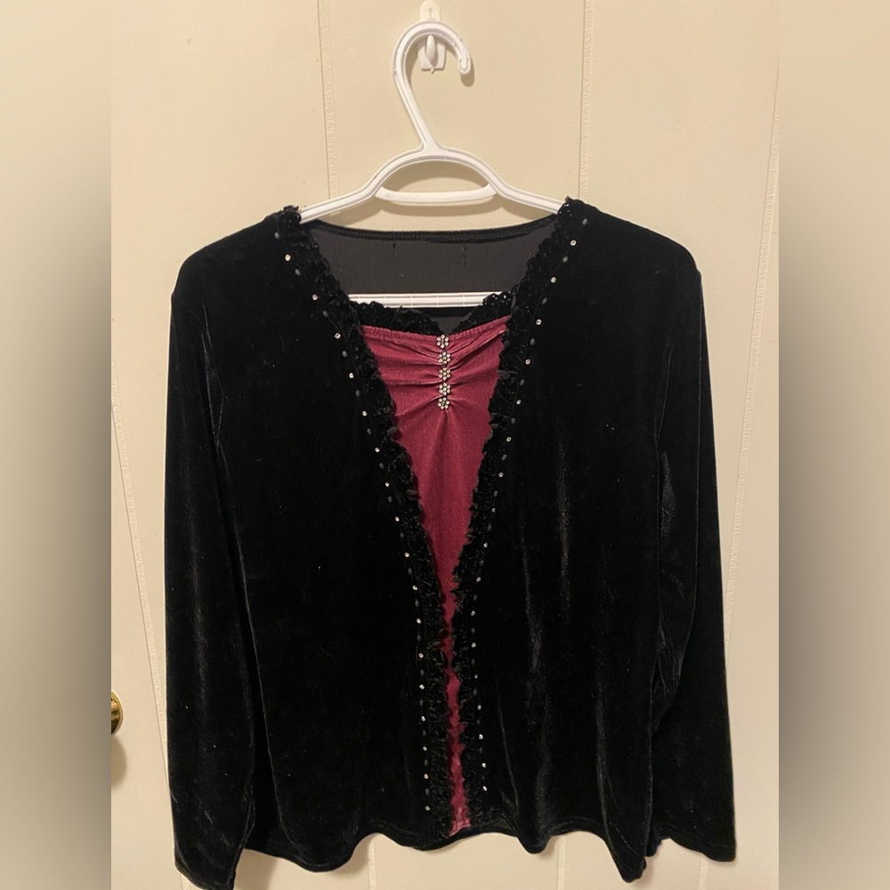 Goth 90’s Y2K Black Velvet Blouse with Rhinestone Detail